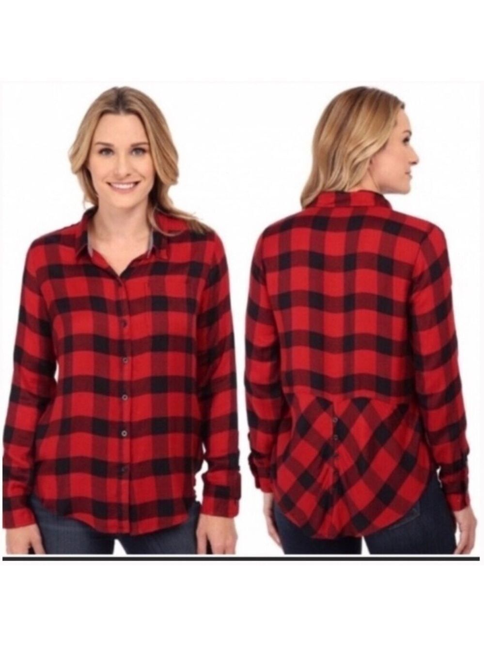 Lucky Brand Red Black Checked Button Down Boyfriend Shirt Large